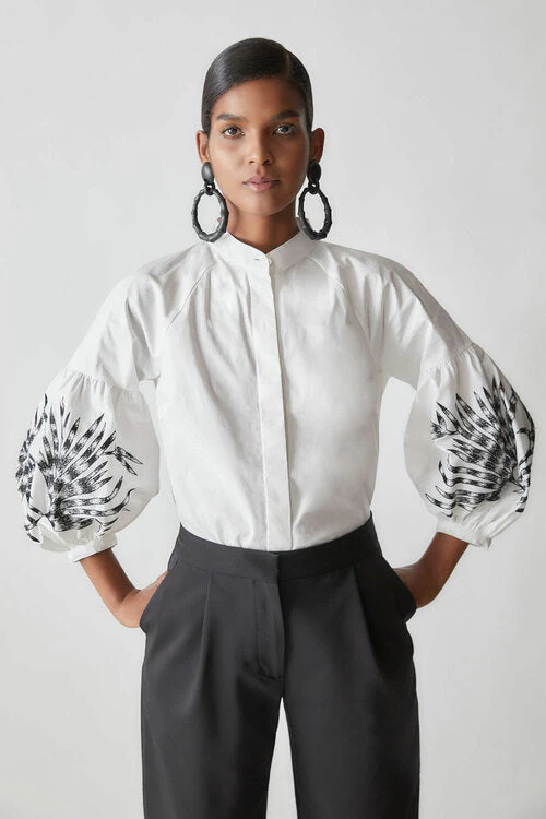 Cotton Poplin Embroidered Sleeve Shirt - Image 7
