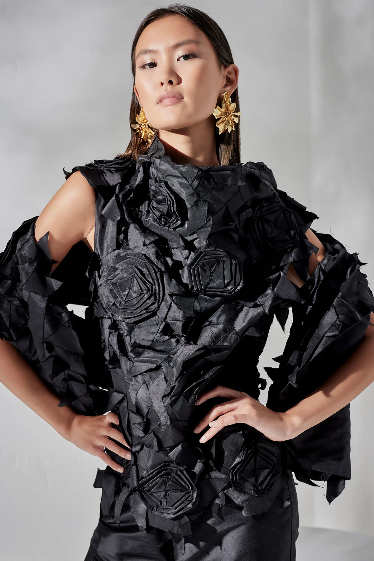 Couture Silk Dupioni Embellished Funnel Neck Top - Image 4